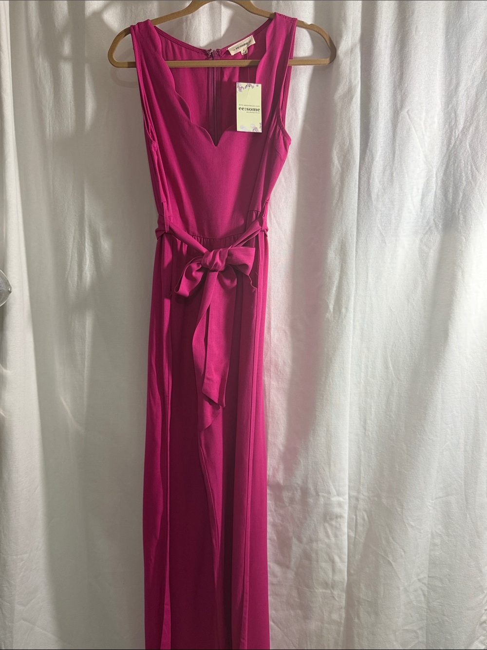 ee:some Magenta Scallop-Edge Necklace Jumpsuit with Waist Tie